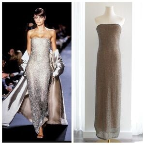Halston Vintage F/W 1997 Crystal Sequin Beaded Silver Nude Dress Gown